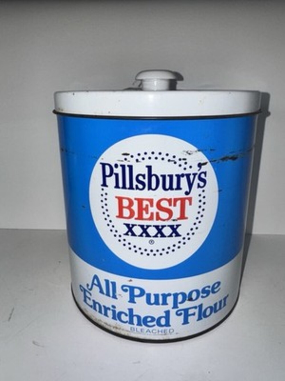 Vintage Pillsbury’s Best Flour Tin Canister Blue White Metal w Lid